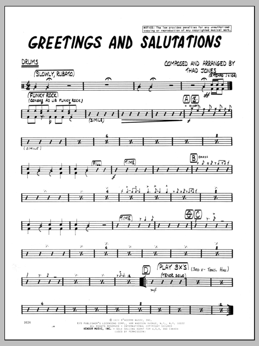 Download Thad Jones Greetings And Salutations - Drums Sheet Music