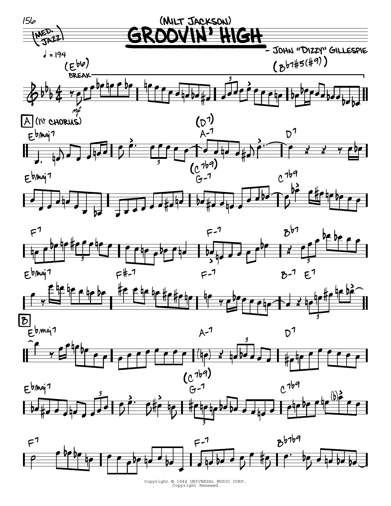 Download Milt Jackson Groovin' High (solo only) Sheet Music