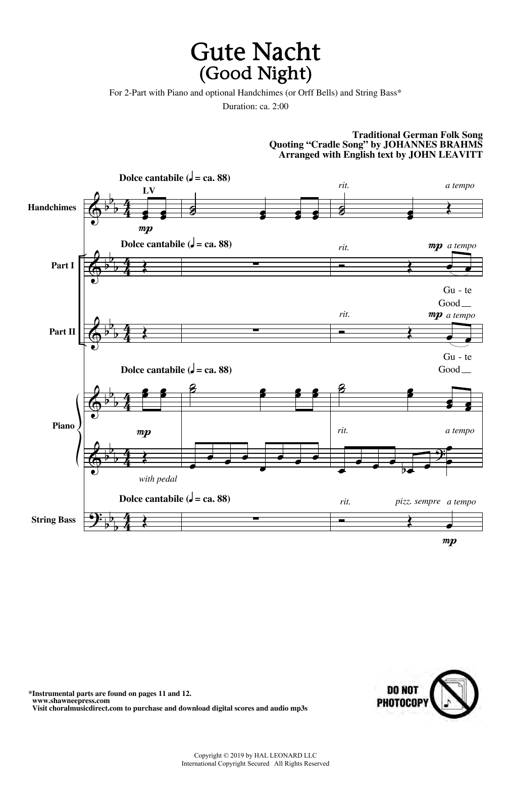 Download Johannes Brahms Gute Nacht (Good Night) (arr. John Leav Sheet Music