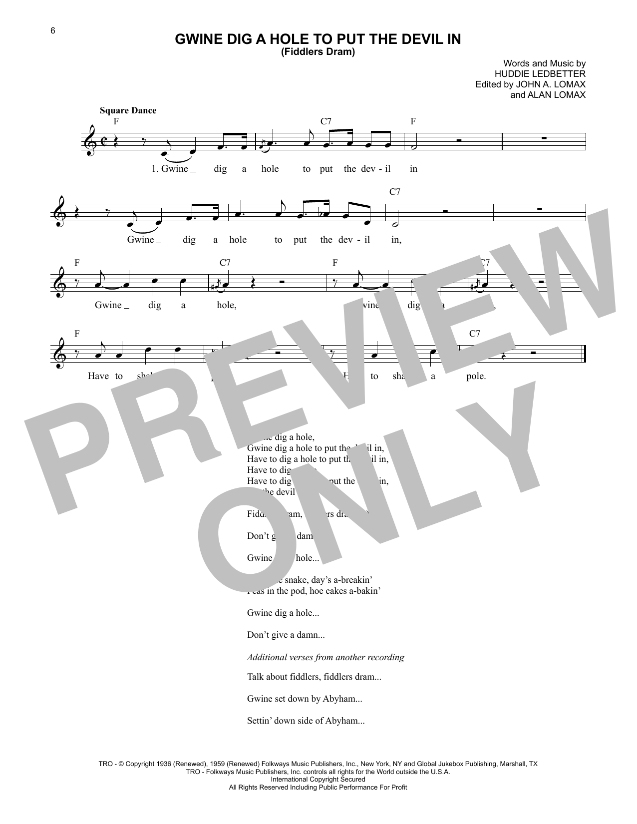 Lead Belly Gwine Dig A Hole To Put The Devil In (Fiddlers Dram) sheet music notes printable PDF score