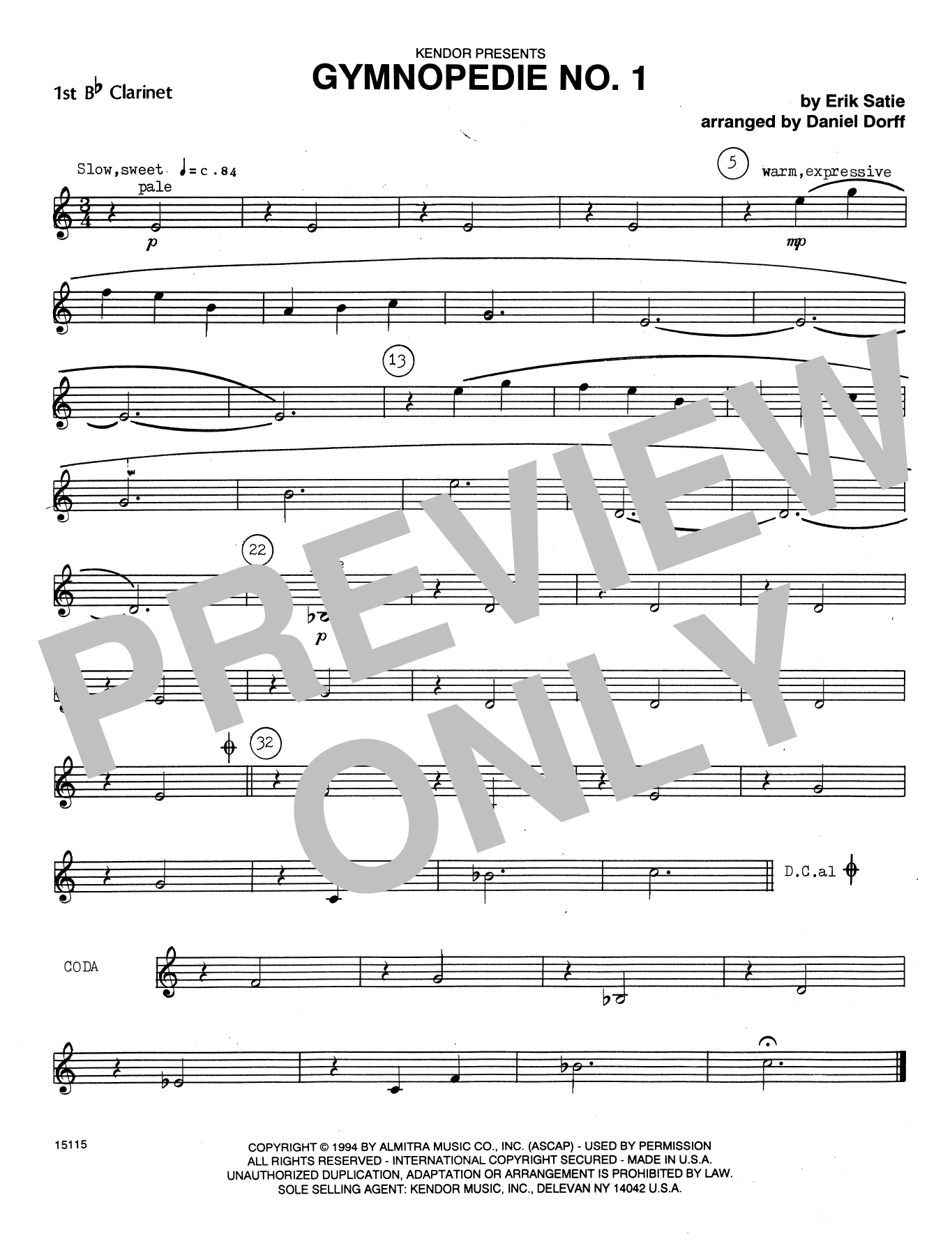 Download Daniel Dorff Gymnopédie No. 1 - 1st Bb Clarinet Sheet Music