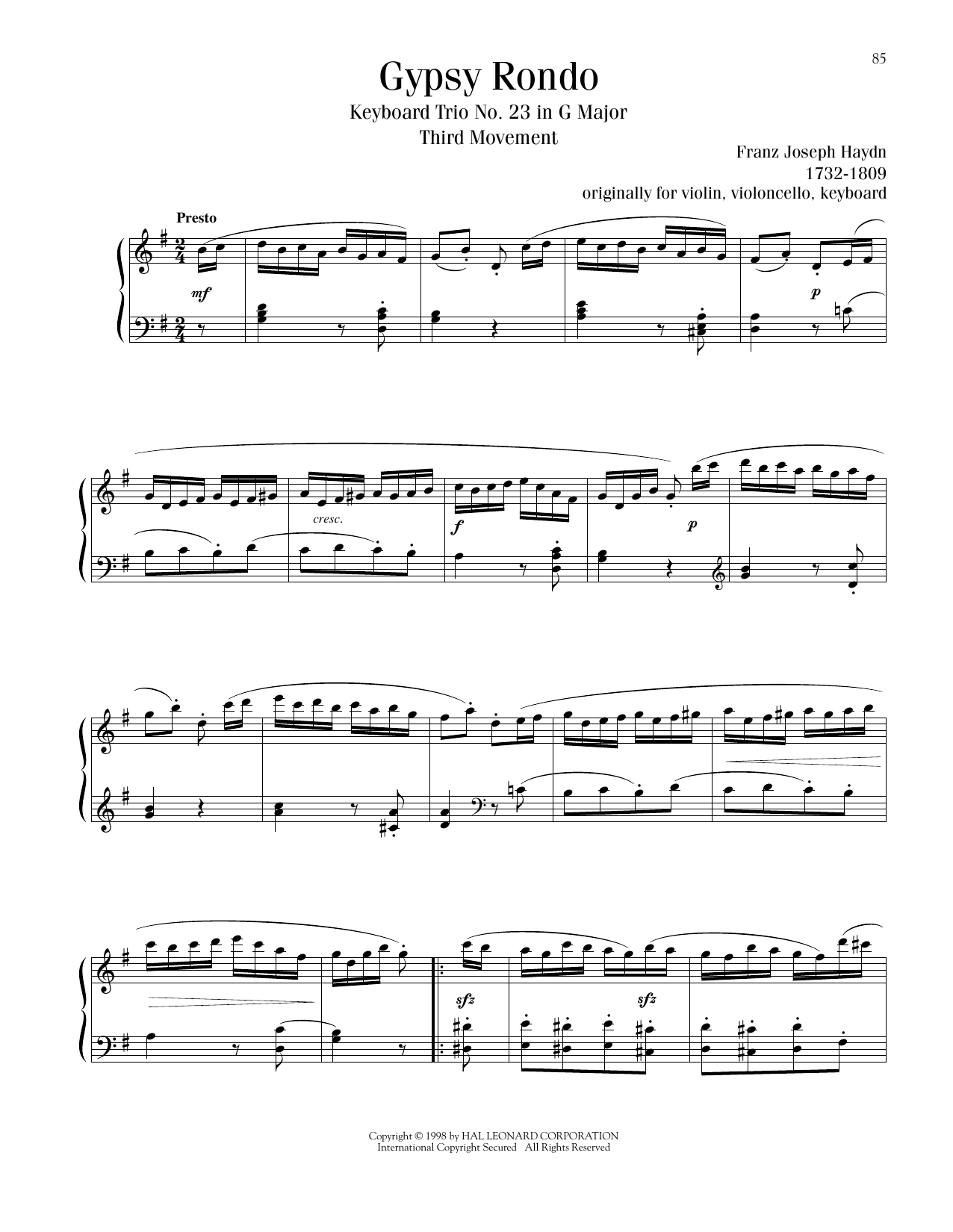 Franz Joseph Haydn Gypsy Rondo sheet music notes printable PDF score