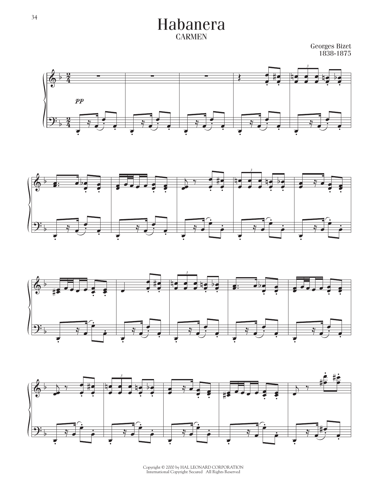 Georges Bizet Habanera sheet music notes printable PDF score