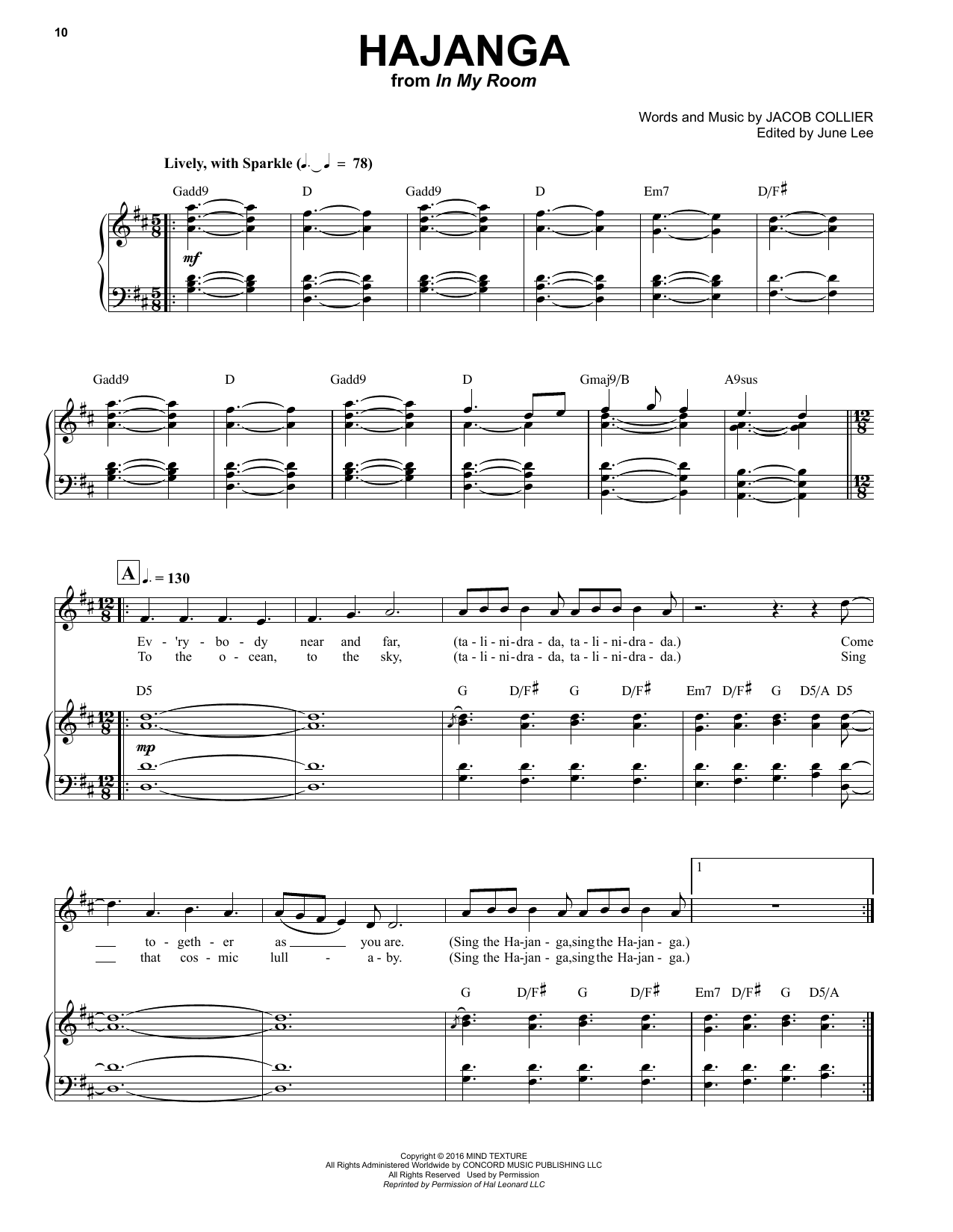 Jacob Collier Hajanga sheet music notes printable PDF score