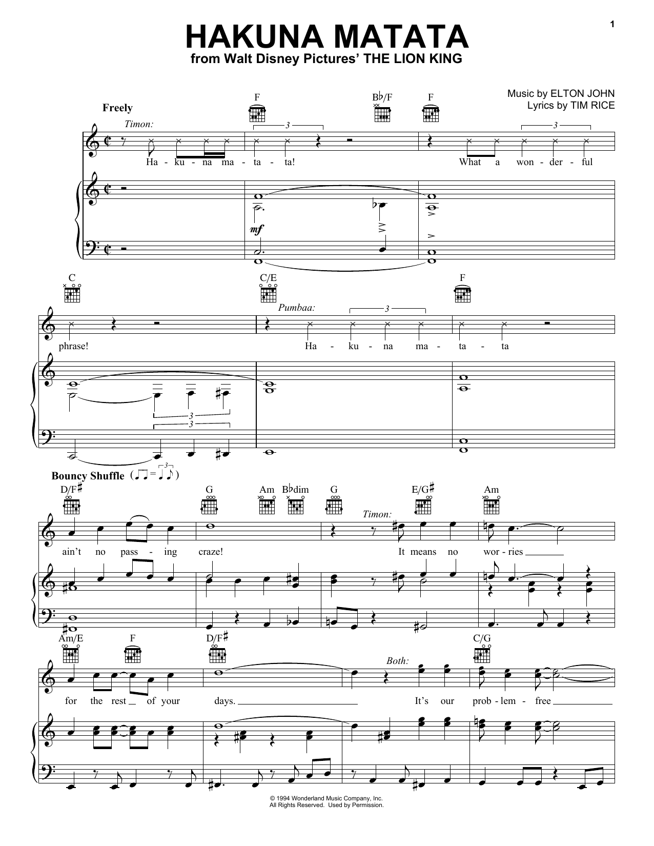 Elton John Hakuna Matata (from The Lion King) sheet music notes printable PDF score
