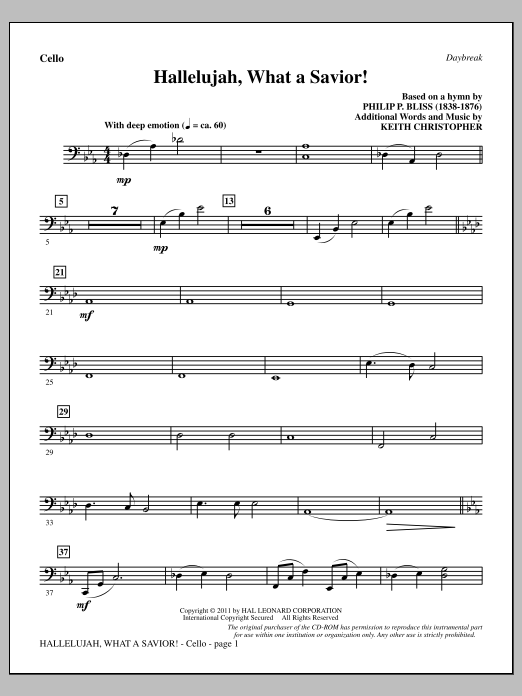 Download Keith Christopher Hallelujah, What A Savior! - Cello Sheet Music