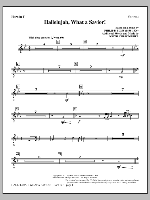 Download Keith Christopher Hallelujah, What A Savior! - F Horn Sheet Music