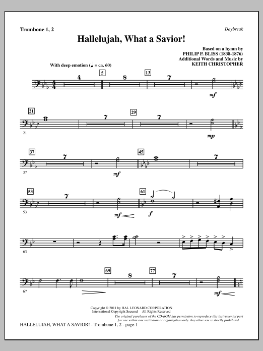 Download Keith Christopher Hallelujah, What A Savior! - Trombone 1 Sheet Music