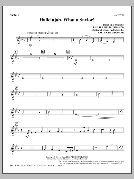 Download Keith Christopher Hallelujah, What A Savior! - Violin 1 Sheet Music