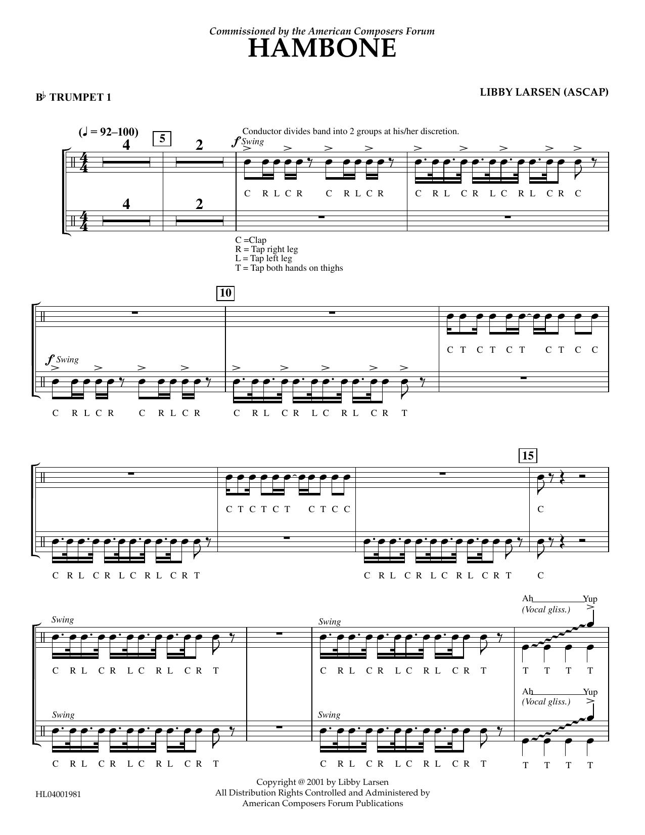 Download Libby Larsen Hambone - Bb Trumpet 1 Sheet Music