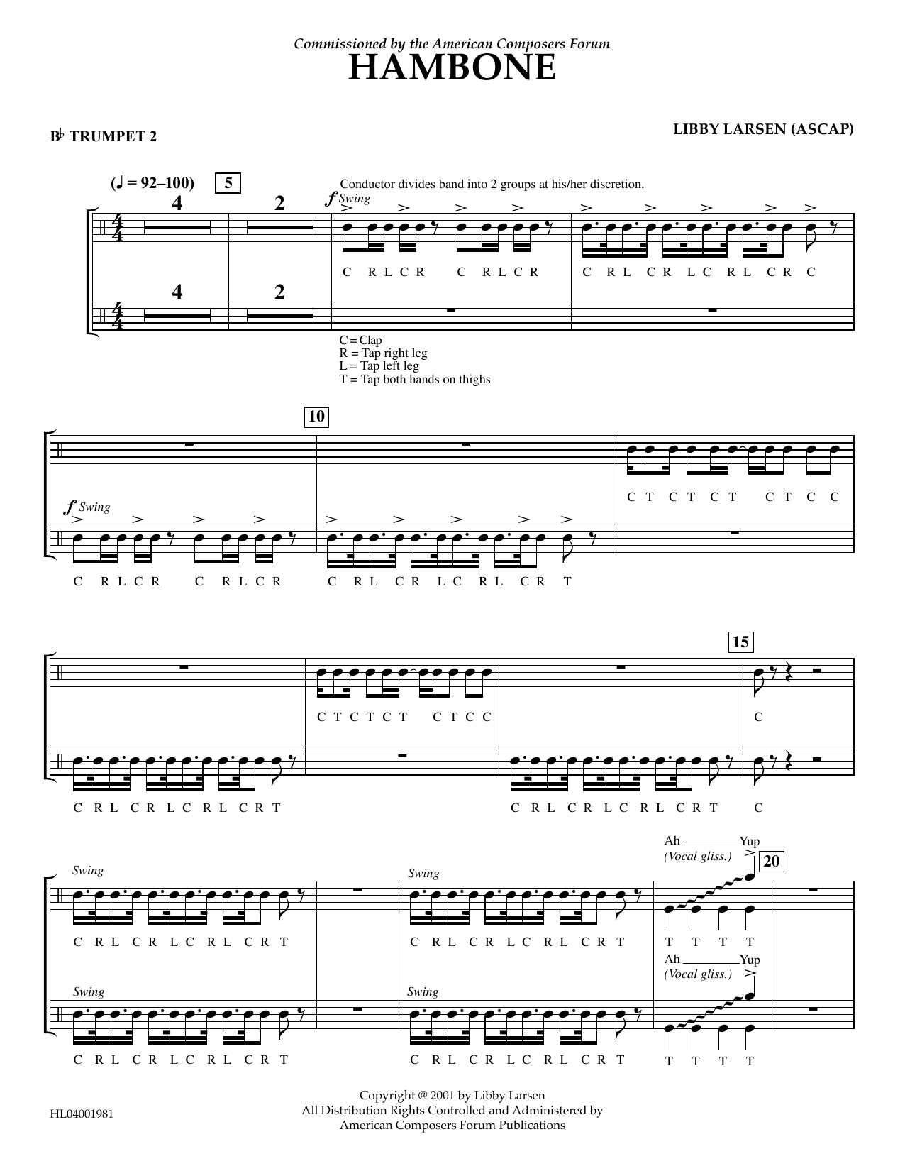 Download Libby Larsen Hambone - Bb Trumpet 2 Sheet Music