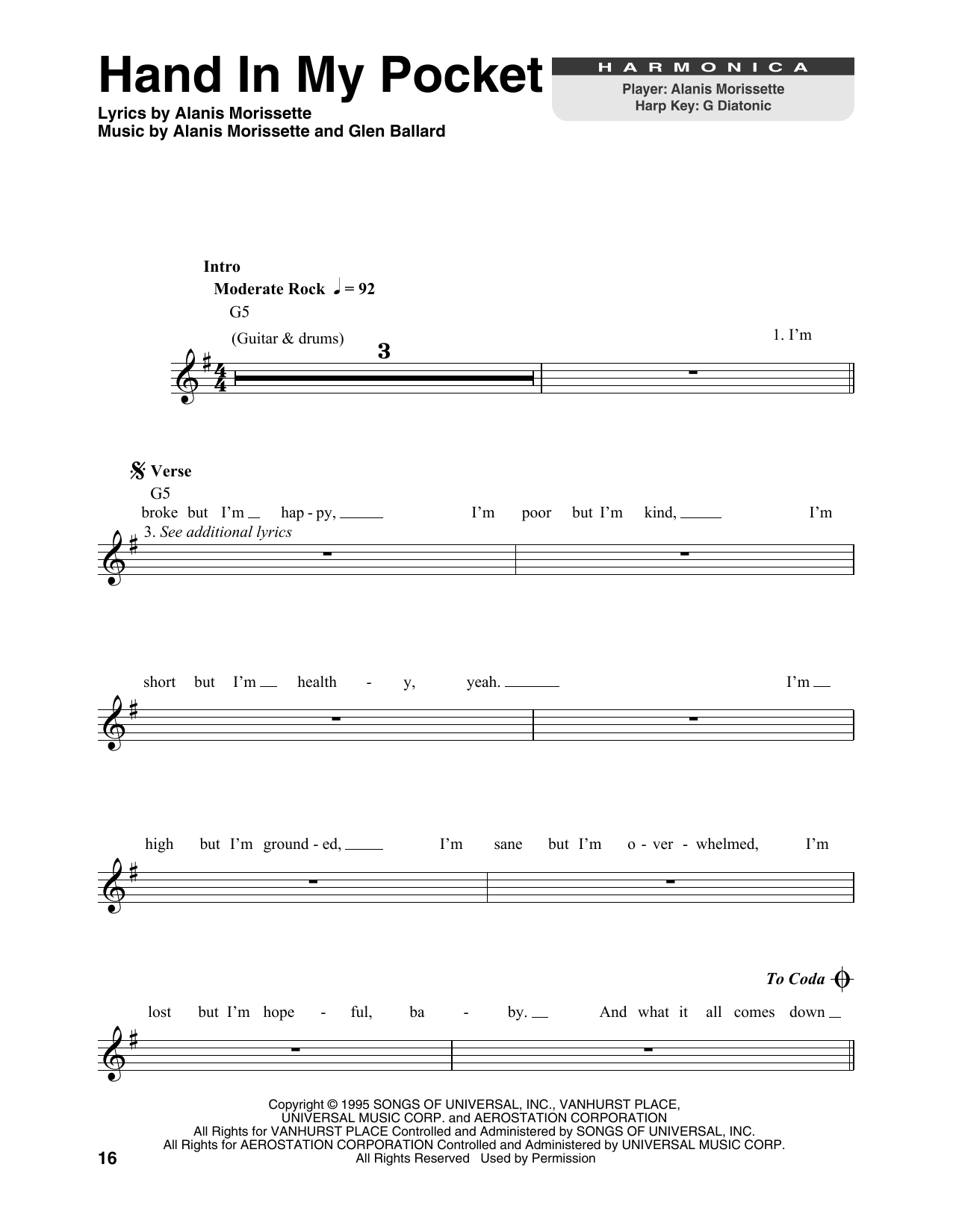 Alanis Morissette Hand In My Pocket sheet music notes printable PDF score