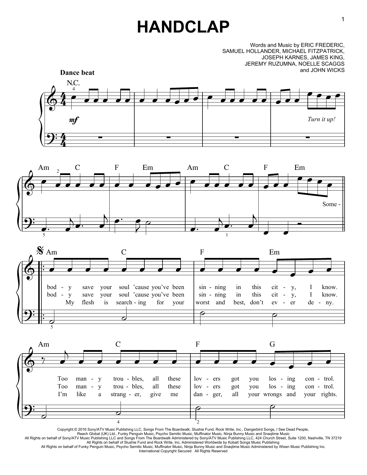 Download Fitz and the Tantrums HandClap Sheet Music