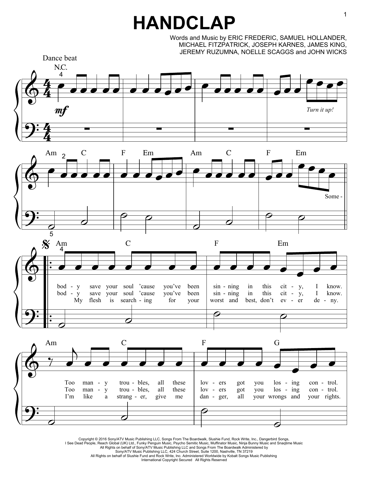 Download Fitz And The Tantrums HandClap Sheet Music