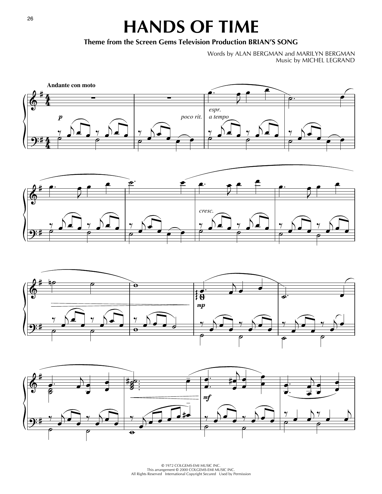 Download Alan Bergman Hands Of Time (from Brian's Song) (arr. Sheet Music