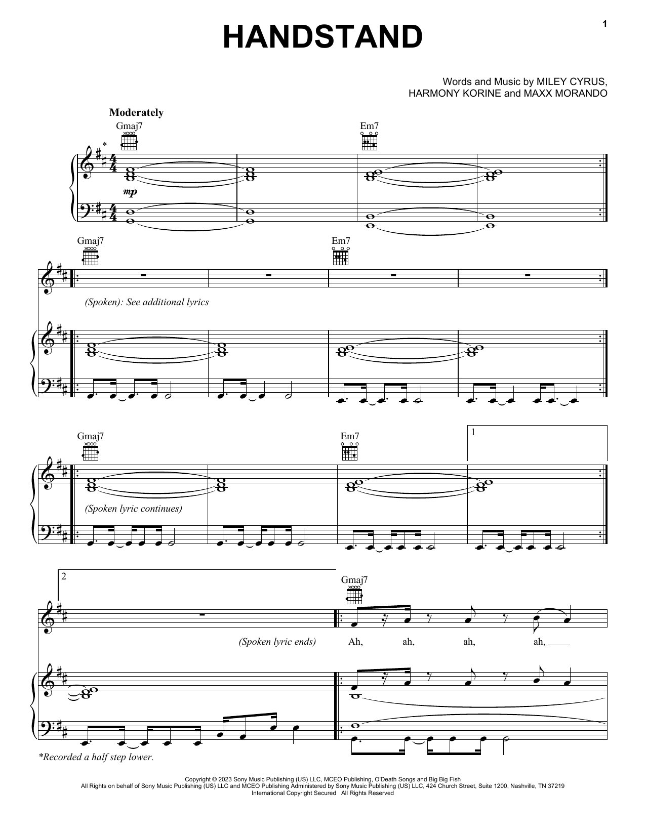 Miley Cyrus Handstand sheet music notes printable PDF score