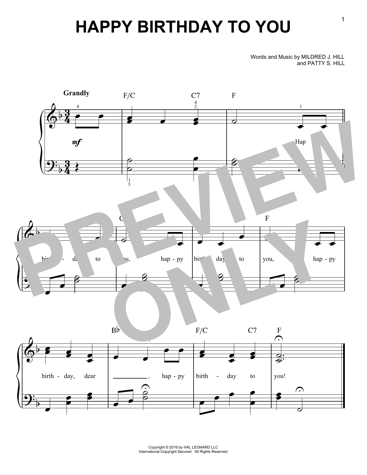 Download Mildred J. Hill Happy Birthday To You Sheet Music