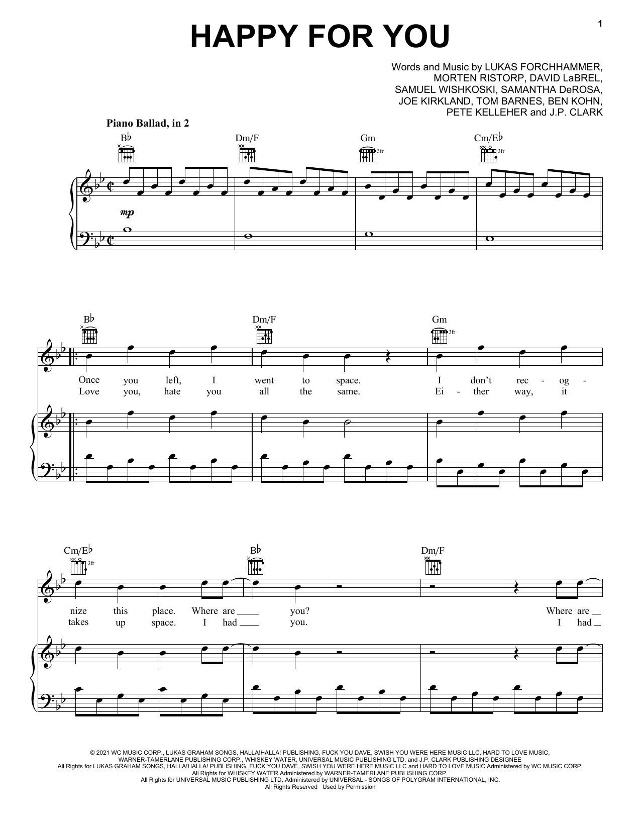Download Lukas Graham Happy For You Sheet Music