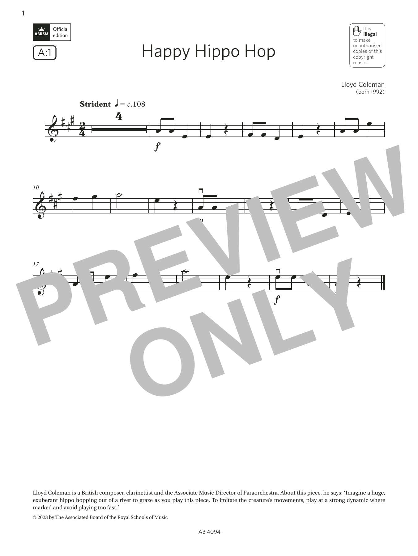 Download Lloyd Coleman Happy Hippo Hop (Grade Initial, A1, fro Sheet Music