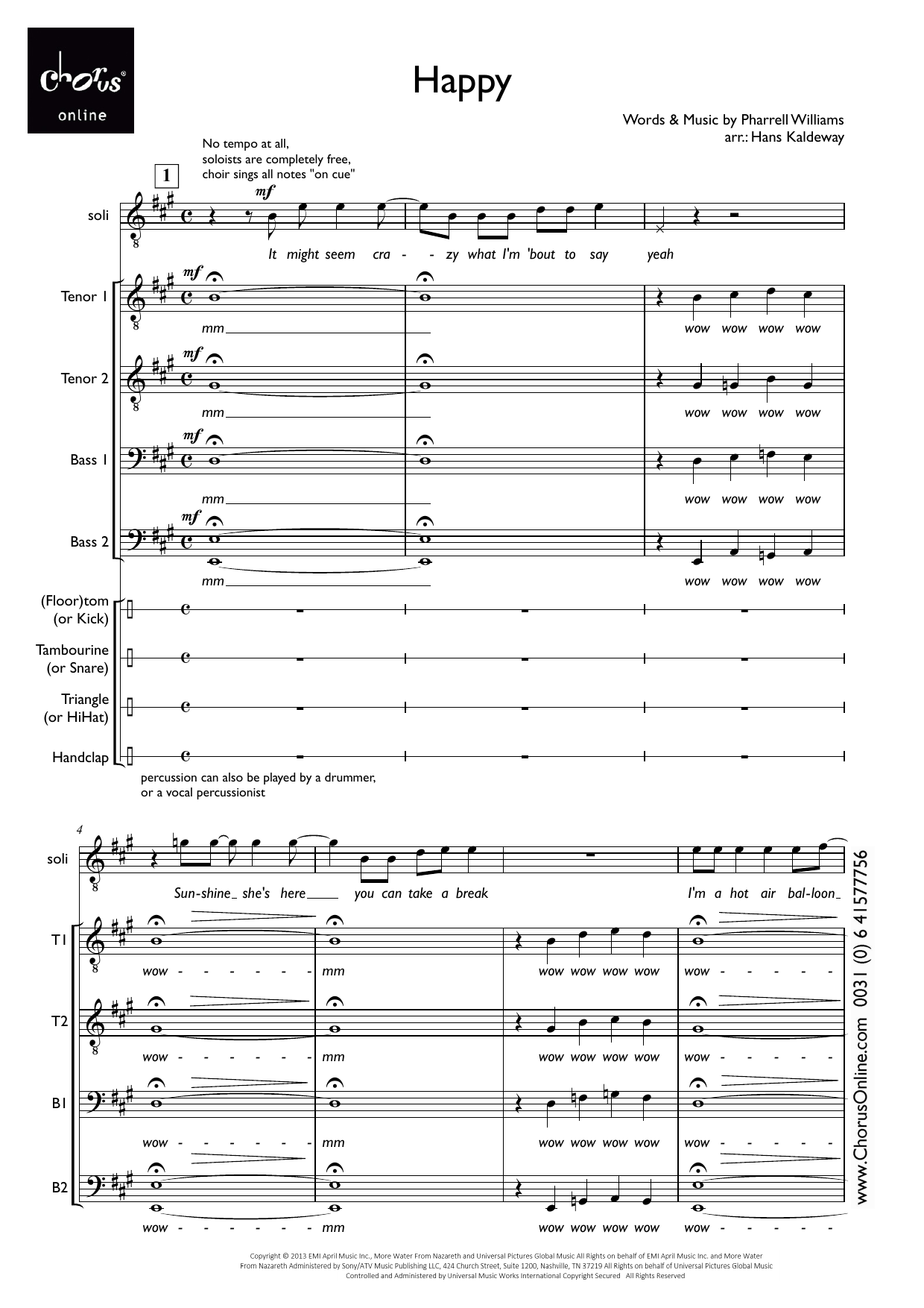 Pharrell Happy (arr. Hans Kaldeway) sheet music notes printable PDF score