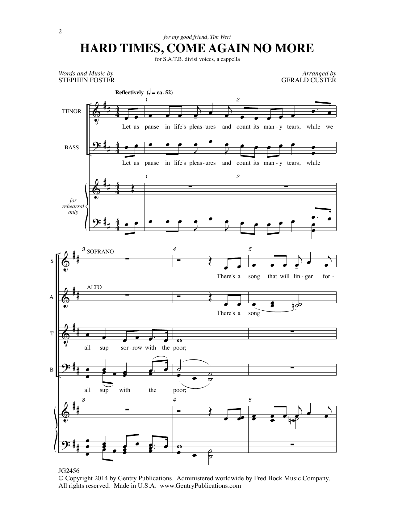Download Gerald Custer Hard Times, Come Again No More Sheet Music