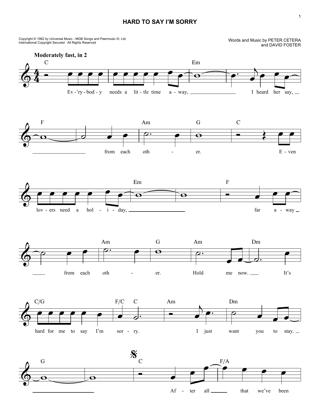 Download Chicago Hard To Say I'm Sorry Sheet Music