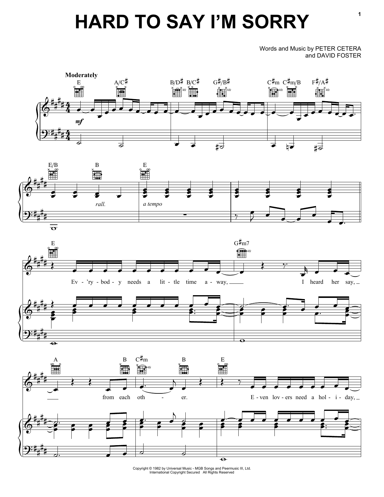 Chicago Hard To Say I'm Sorry sheet music notes printable PDF score
