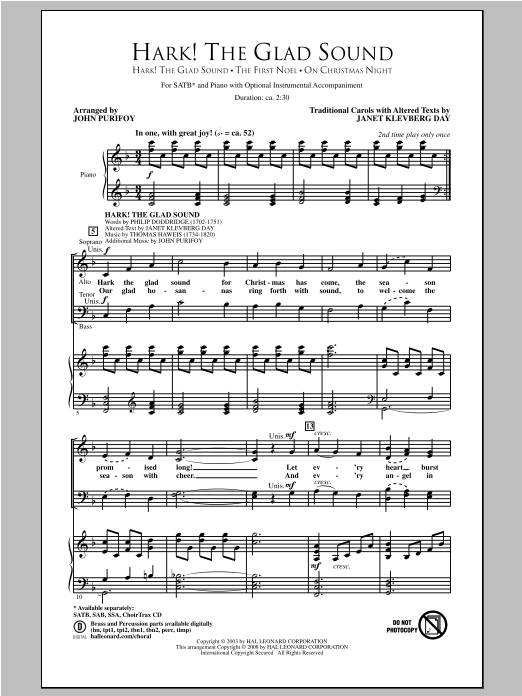 Download John Purifoy Hark! The Glad Sound (Medley) Sheet Music