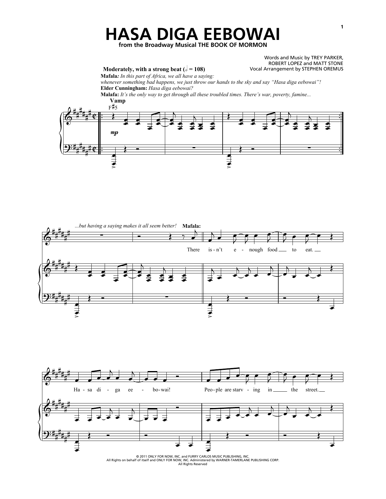 Download Trey Parker & Matt Stone Hasa Diga Eebowai (from The Book of Mor Sheet Music