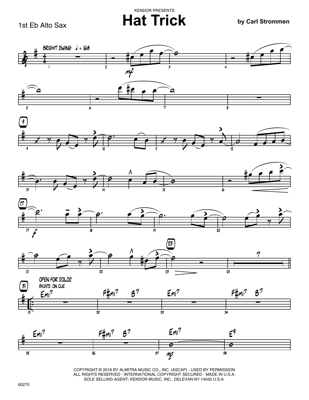Download Carl Strommen Hat Trick - 1st Eb Alto Saxophone Sheet Music