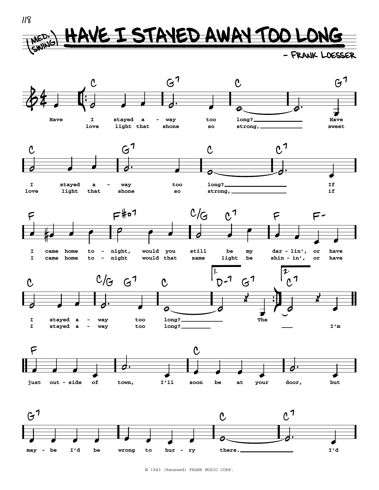 Download Frank Loesser Have I Stayed Away Too Long (Low Voice) Sheet Music