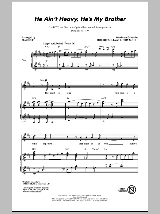 Download Mac Huff He Ain't Heavy, He's My Brother Sheet Music