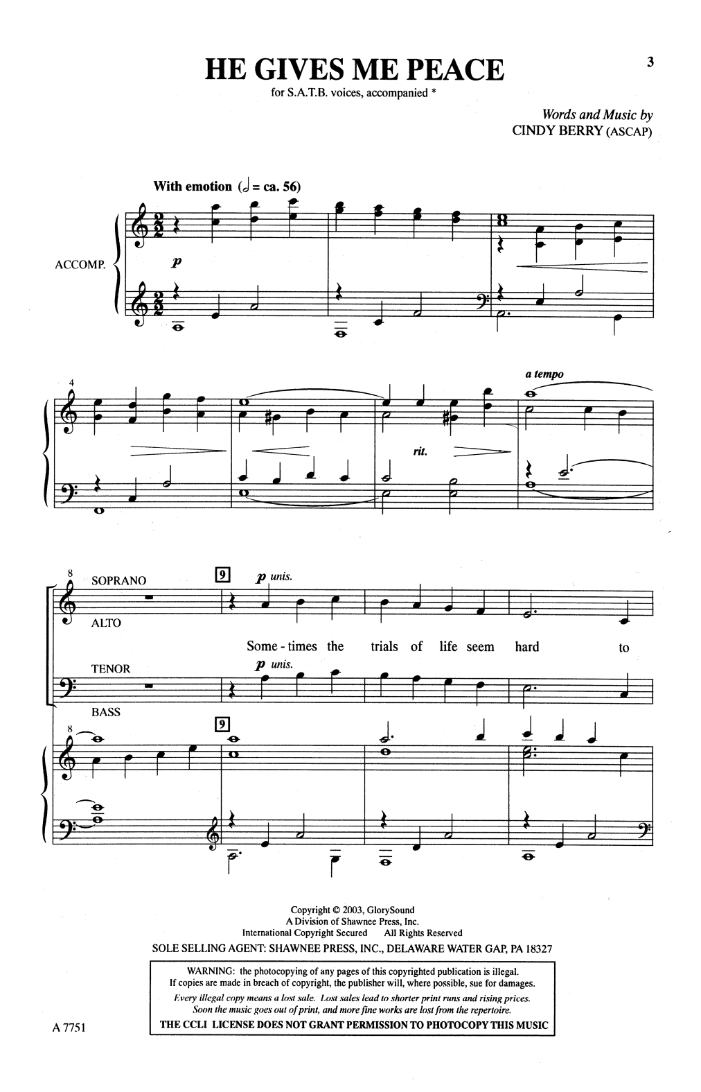 Download Cindy Berry He Gives Me Peace Sheet Music