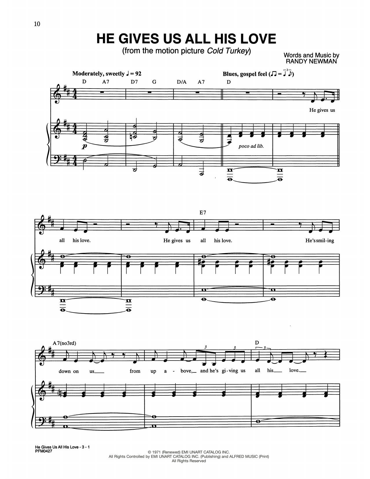 Download Randy Newman He Gives Us All His Love (from Cold Tur Sheet Music