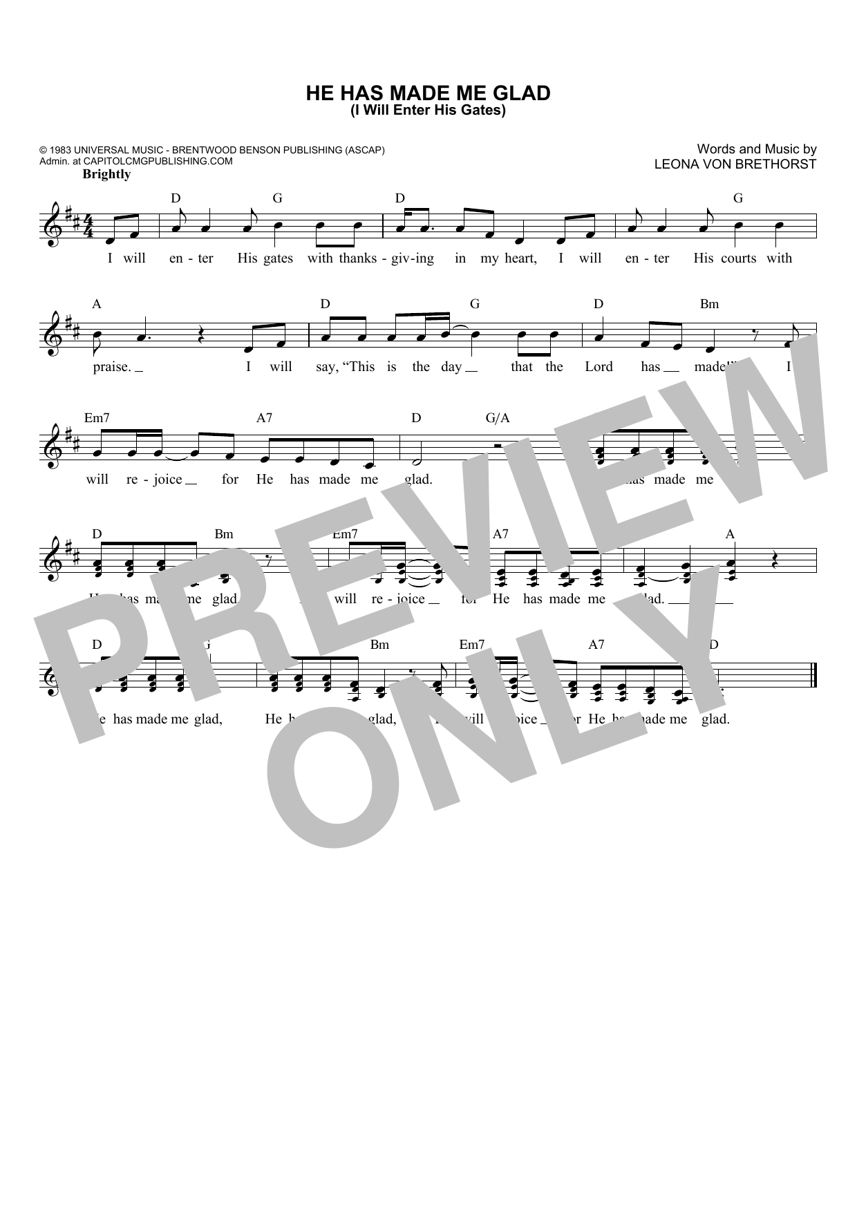 Download Leona Von Brethorst He Has Made Me Glad (I Will Enter His G Sheet Music