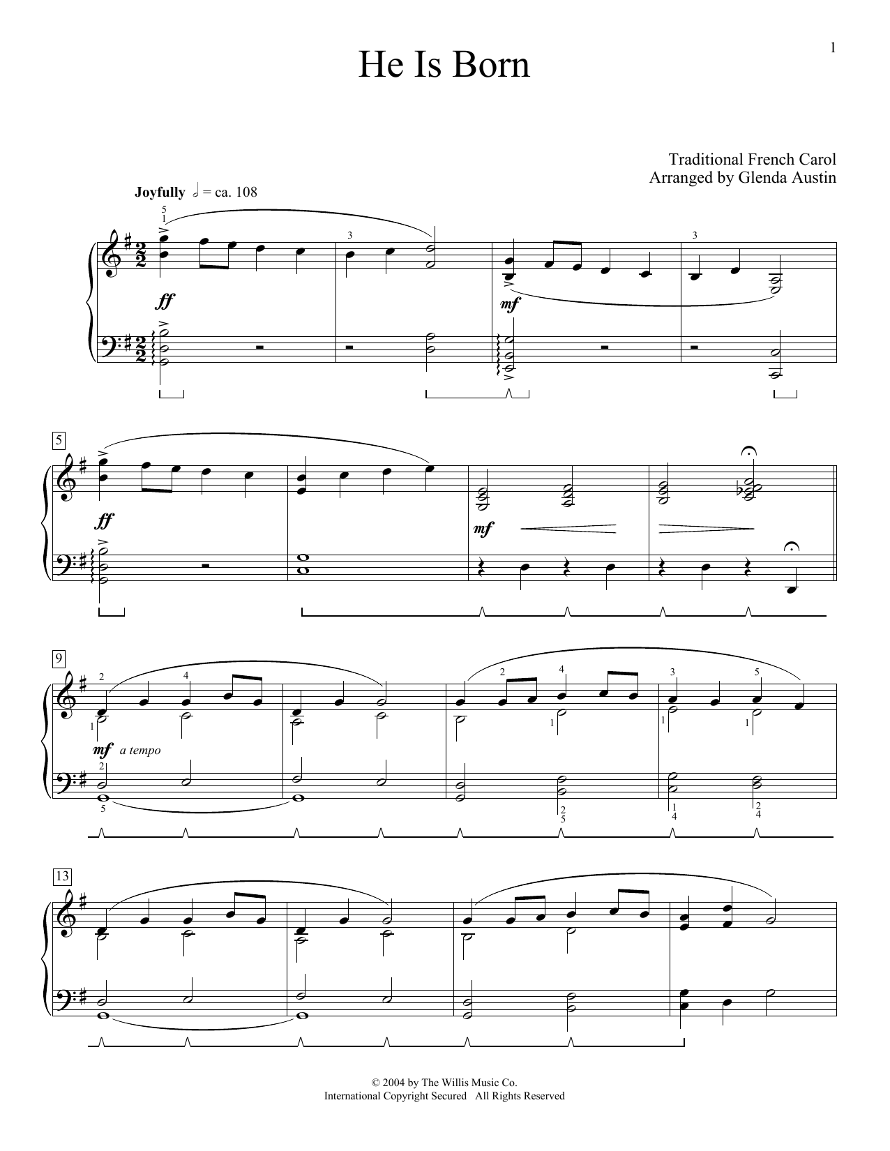 Download Traditional French Carol He Is Born (arr. Glenda Austin) Sheet Music