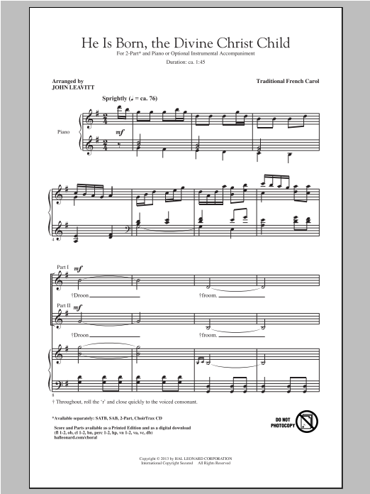 Download Traditional Carol He Is Born (arr. John Leavitt) Sheet Music