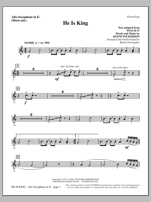 Download Keith Wilkerson He Is King - Alto Sax (sub. Horn) Sheet Music