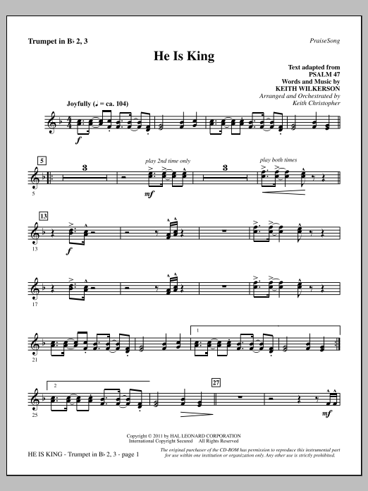 Download Keith Wilkerson He Is King - Bb Trumpet 2,3 Sheet Music