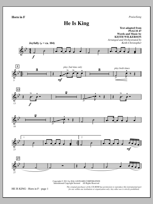 Download Keith Wilkerson He Is King - F Horn Sheet Music