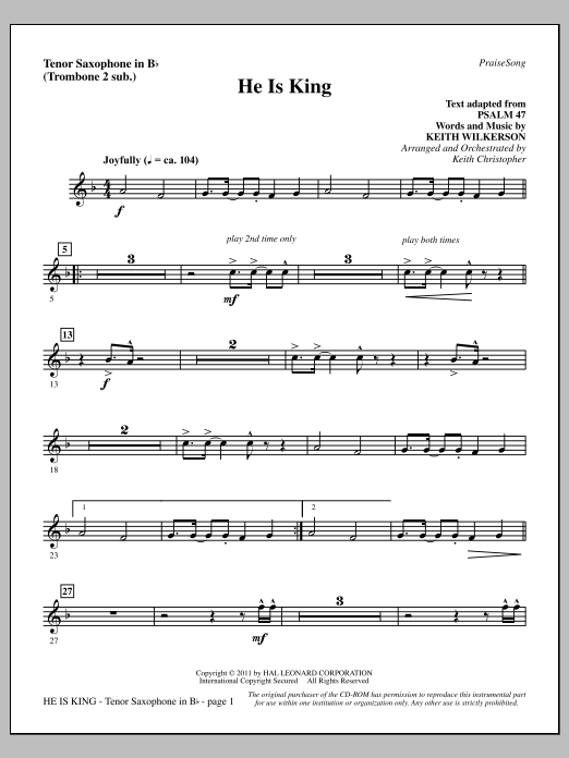 Download Keith Wilkerson He Is King - Tenor Sax (sub. Tbn 2) Sheet Music