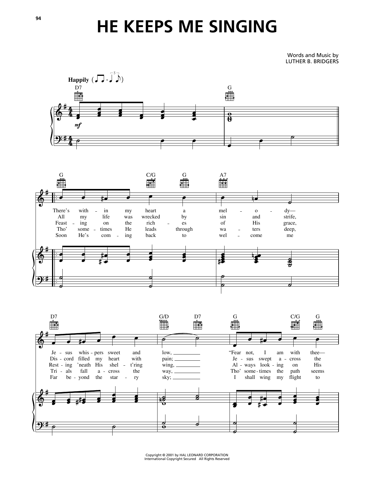 Luther B. Bridgers He Keeps Me Singing sheet music notes printable PDF score