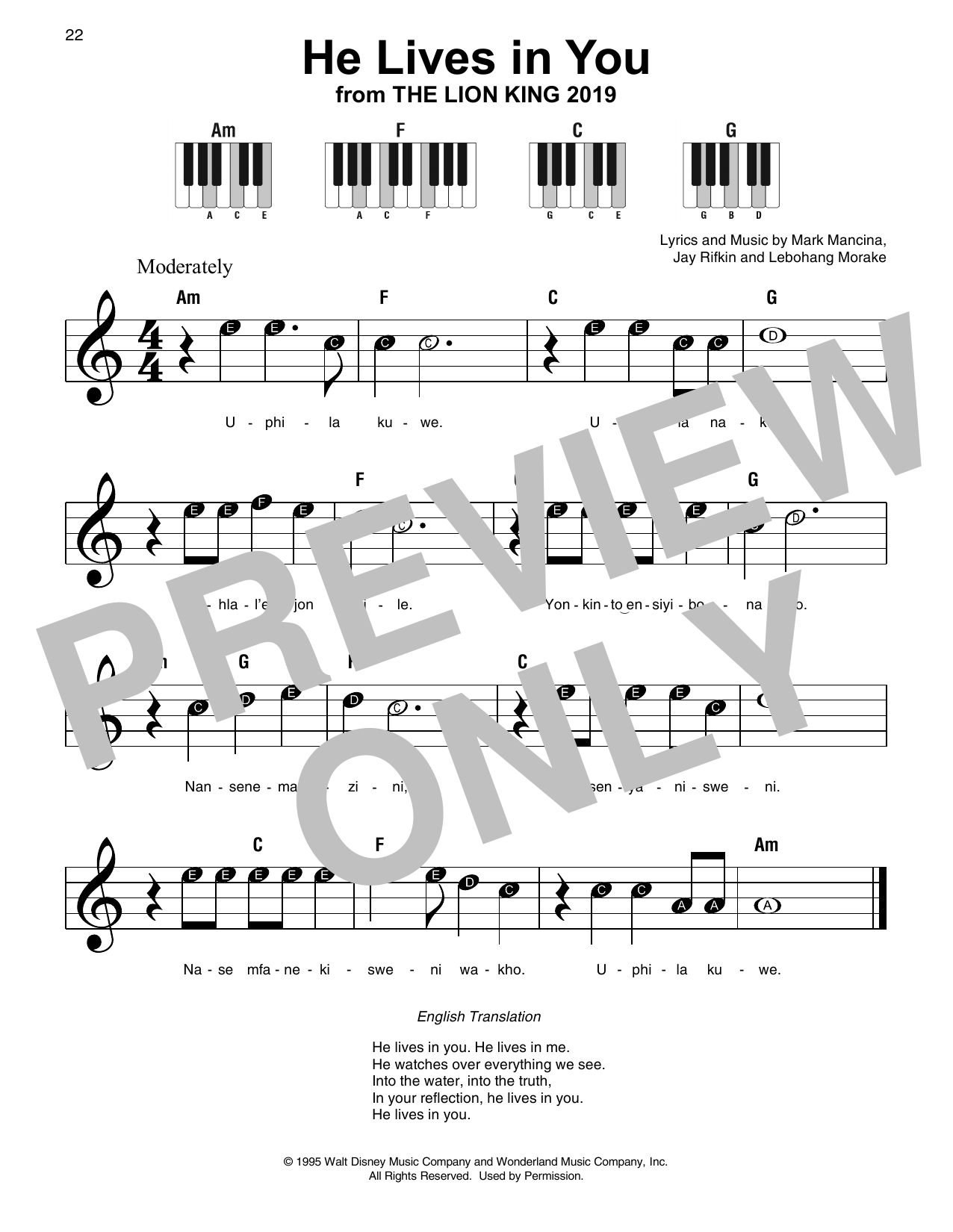 Download Lebo M He Lives In You (from The Lion King 201 Sheet Music