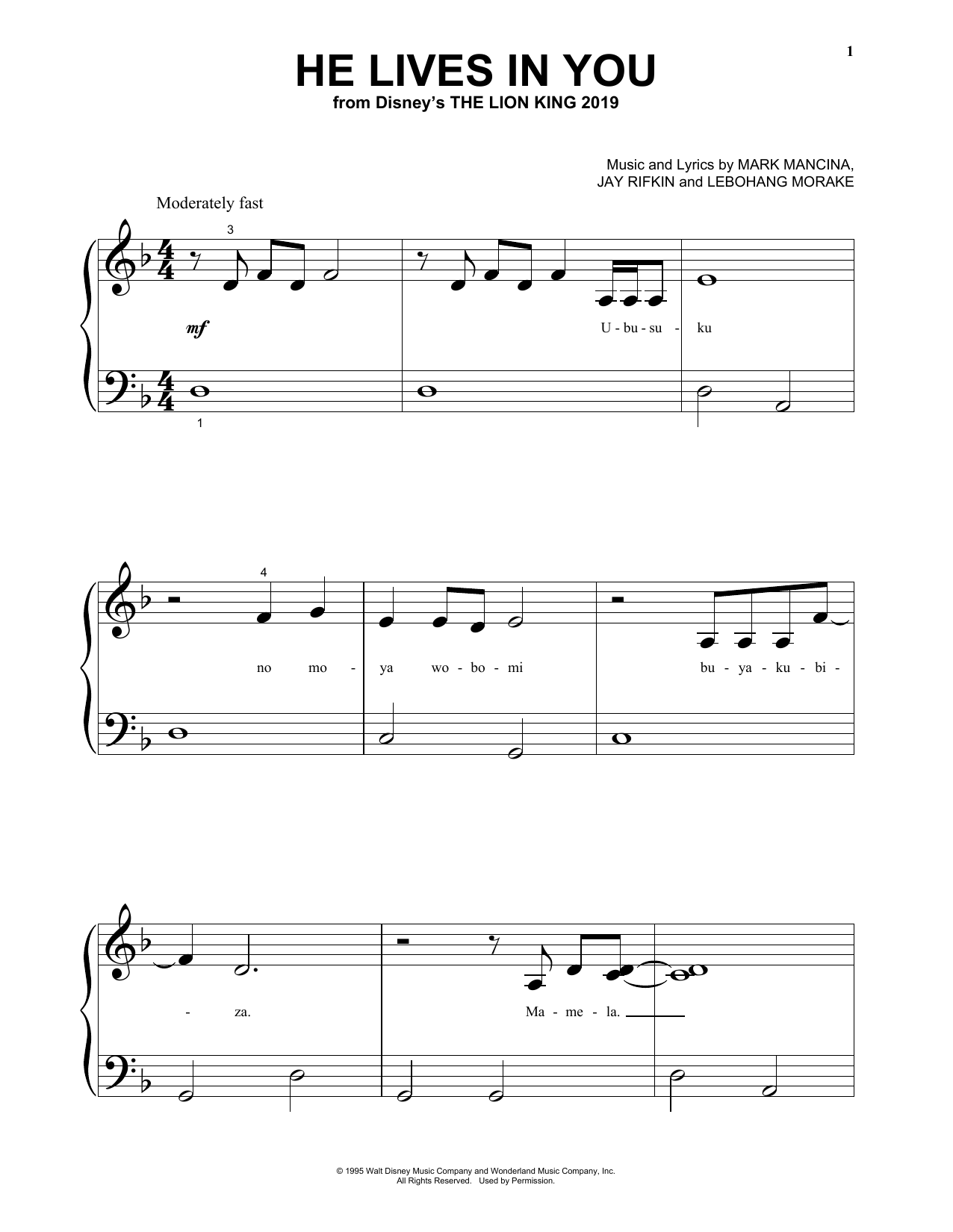 Download Lebo M. He Lives In You (from The Lion King 201 Sheet Music