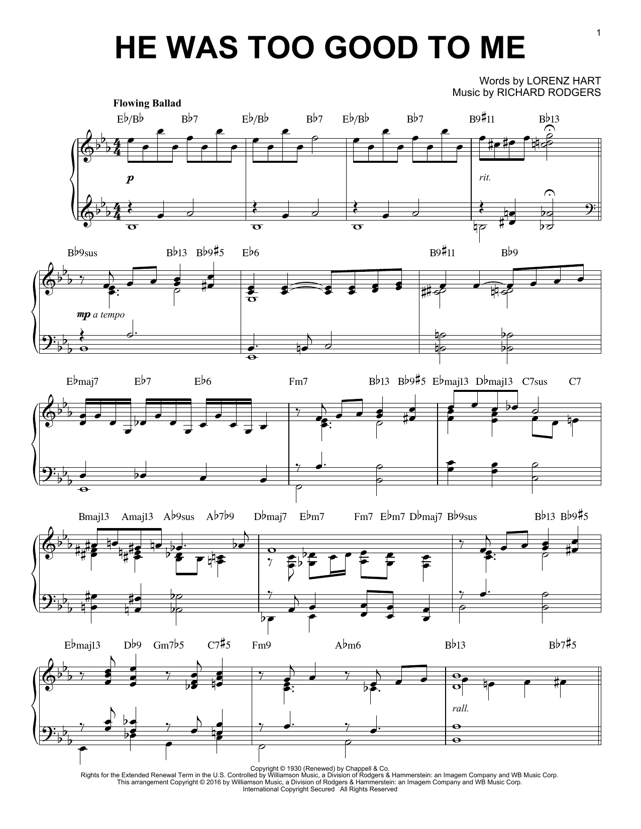 Download Rodgers & Hart He Was Too Good To Me [Jazz version] (a Sheet Music