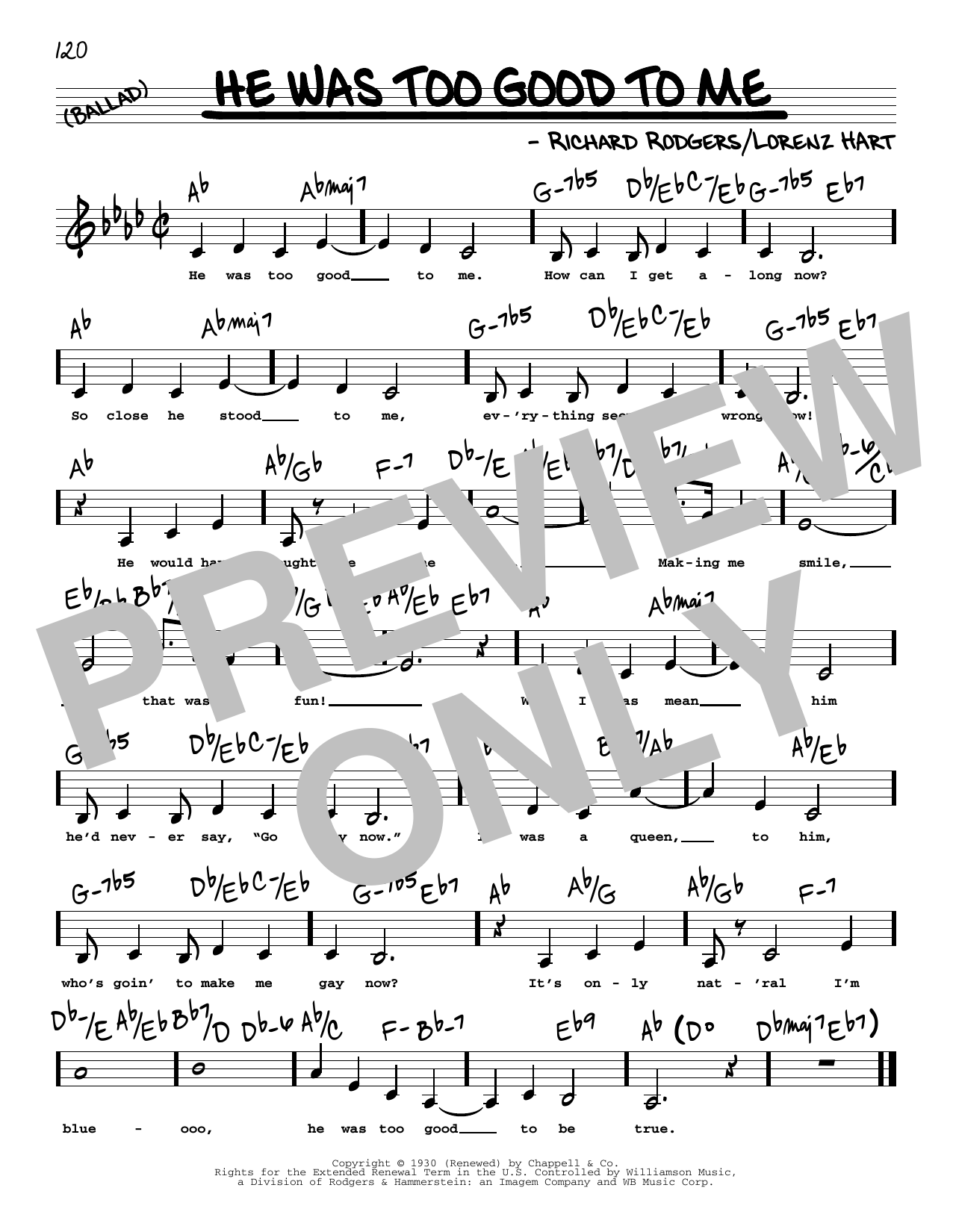 Rodgers & Hart He Was Too Good To Me (Low Voice) sheet music notes printable PDF score