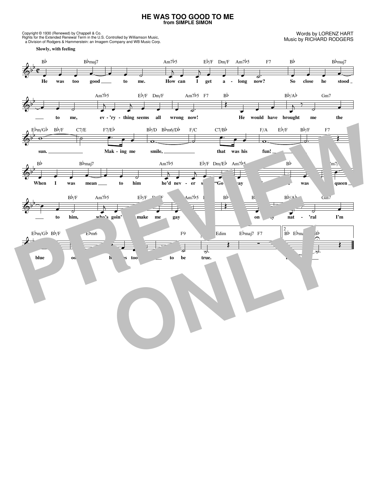 Download Rodgers & Hart He Was Too Good To Me Sheet Music