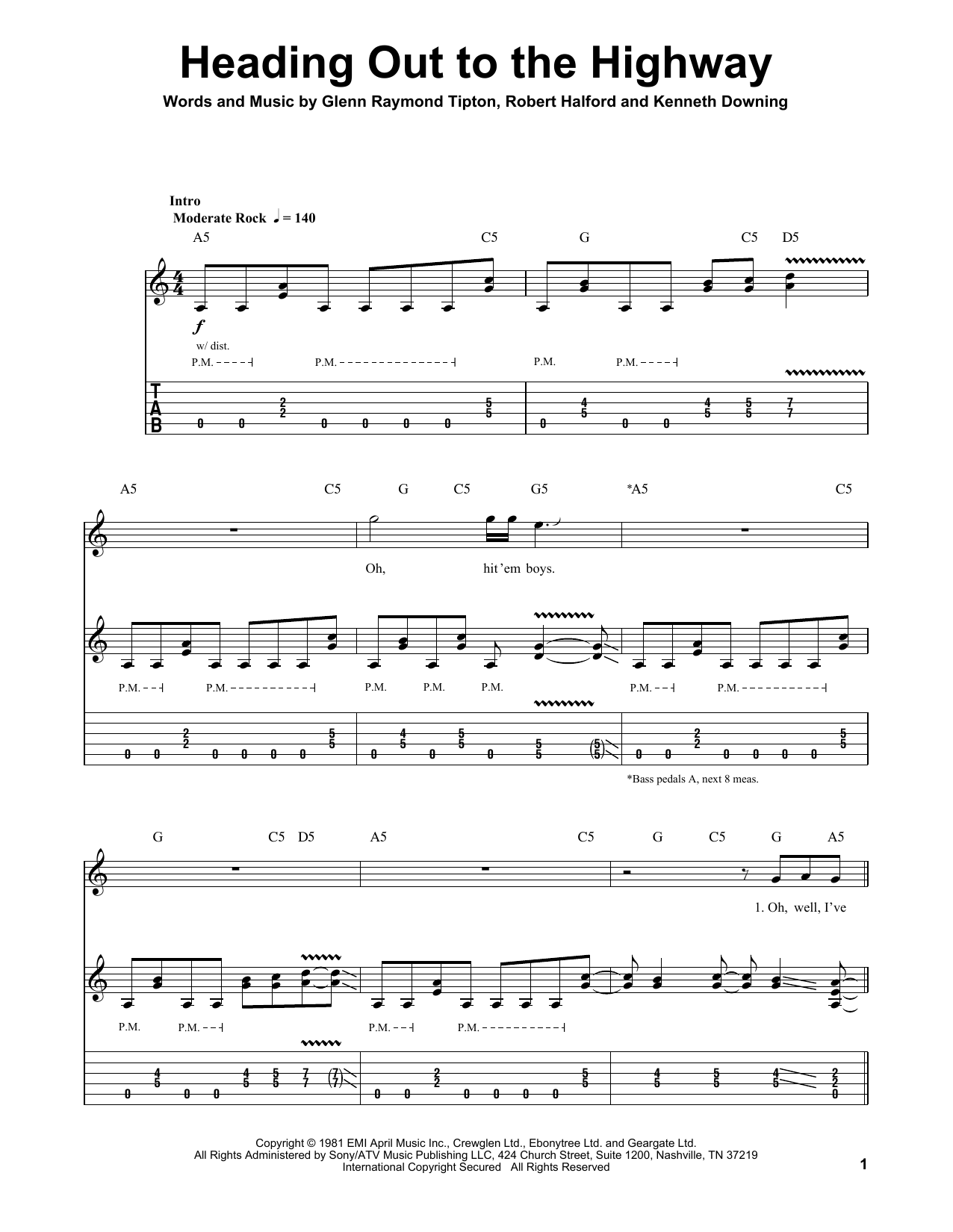 Download Judas Priest Heading Out To The Highway Sheet Music