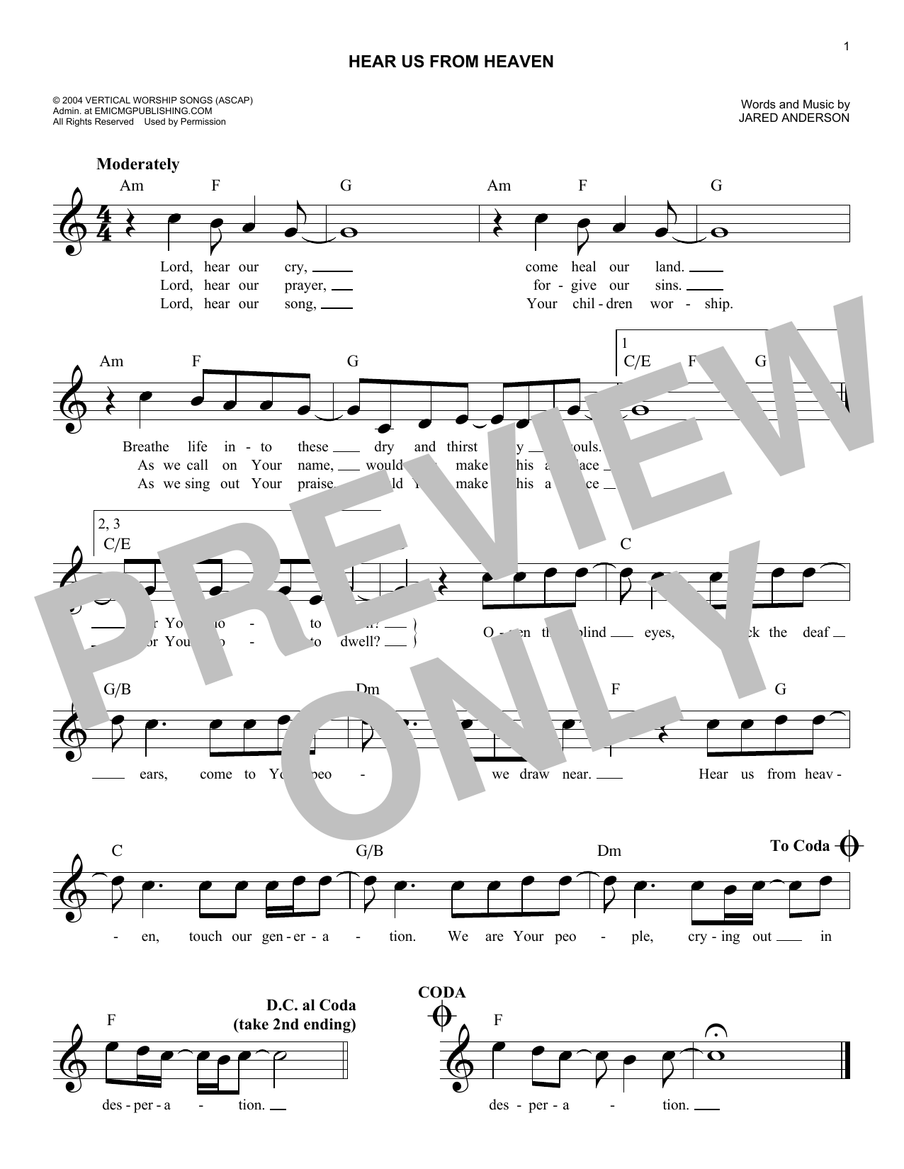 Download Jared Anderson Hear Us From Heaven Sheet Music
