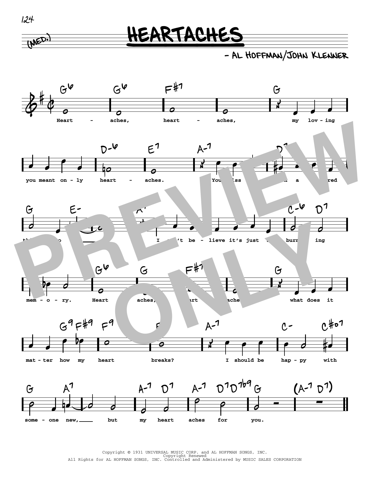 Download Patsy Cline Heartaches (High Voice) Sheet Music